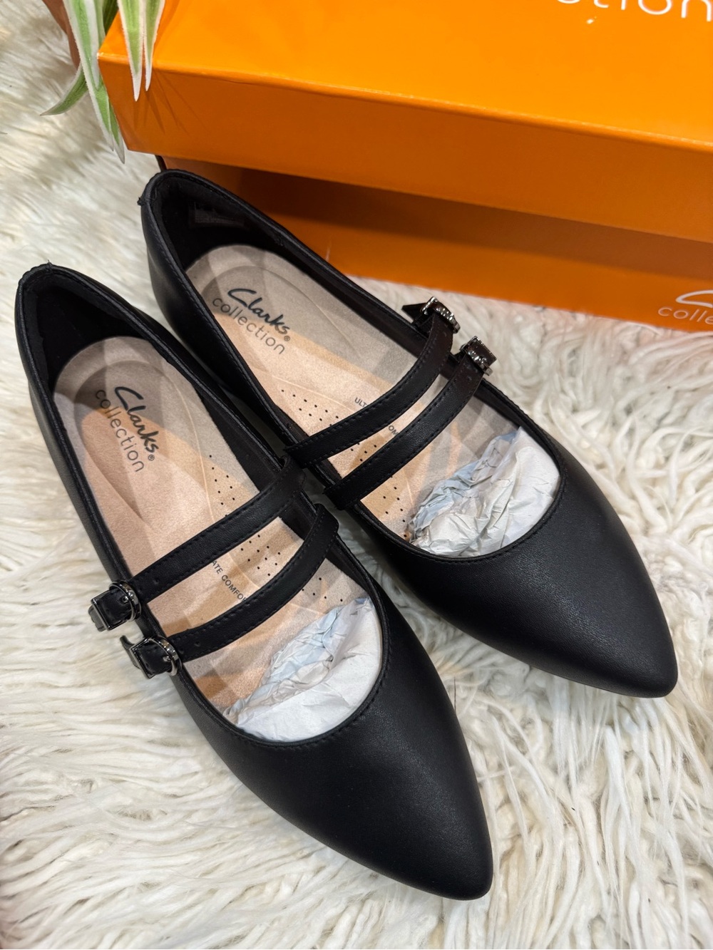 New🌿Clarks Black Double-Strap Pointed-Toe Mary Jane Flats - Picture 2 of 7